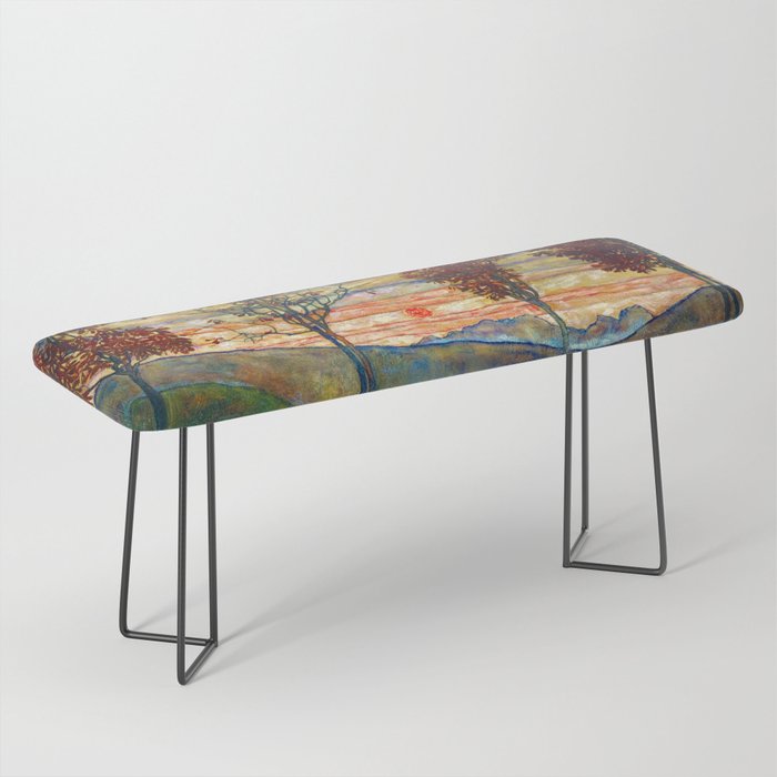 Four Trees with Red Leaves at Sunrise landscape painting by Egon Schiele Bench Gallery Image 1