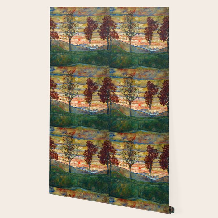 Four Trees with Red Leaves at Sunrise landscape painting by Egon Schiele Wallpaper Gallery Image 2
