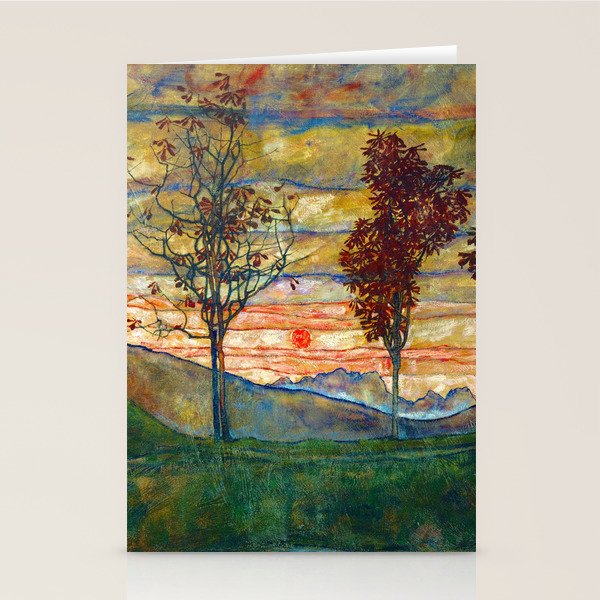 Four Trees with Red Leaves at Sunrise landscape painting by Egon Schiele Stationery Card Gallery Image 2
