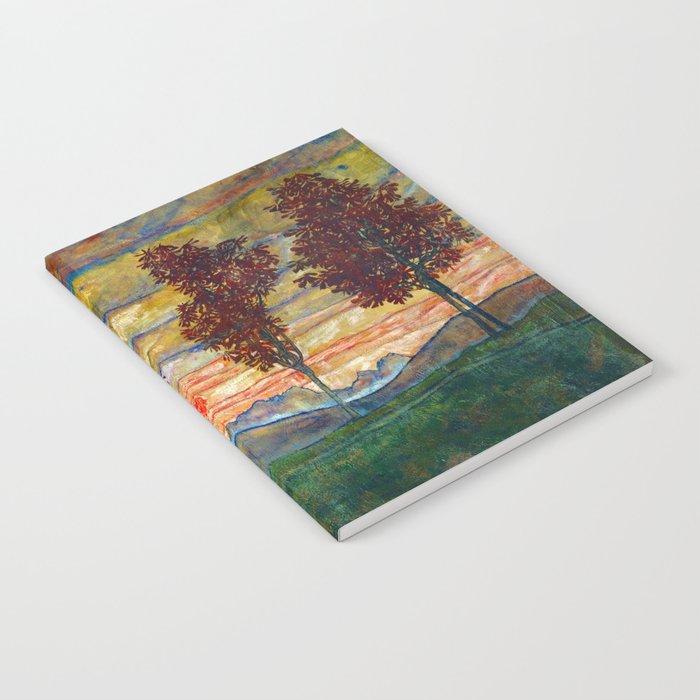 Four Trees with Red Leaves at Sunrise landscape painting by Egon Schiele Notebook Gallery Image 1