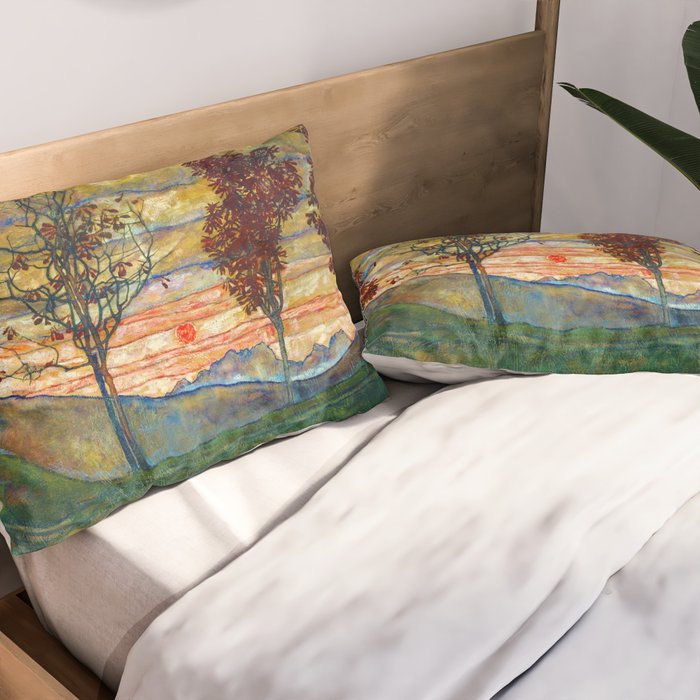 Four Trees with Red Leaves at Sunrise landscape painting by Egon Schiele Pillow Sham Gallery Image 2