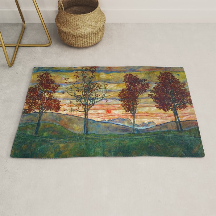 Four Trees with Red Leaves at Sunrise landscape painting by Egon Schiele Rug Gallery Image 1