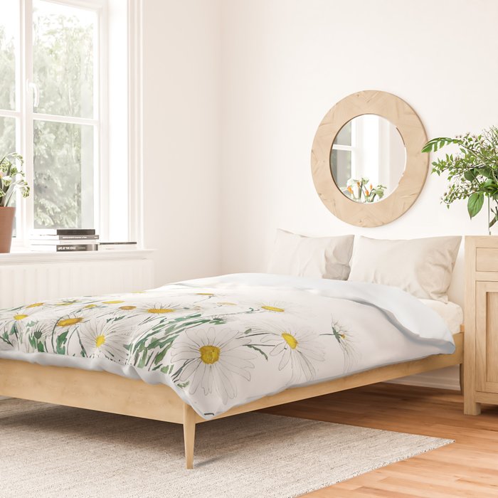 white margaret daisy horizontal watercolor painting Duvet Cover Gallery Image 2