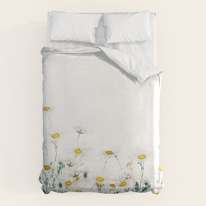 white margaret daisy horizontal watercolor painting Duvet Cover Gallery Image 6