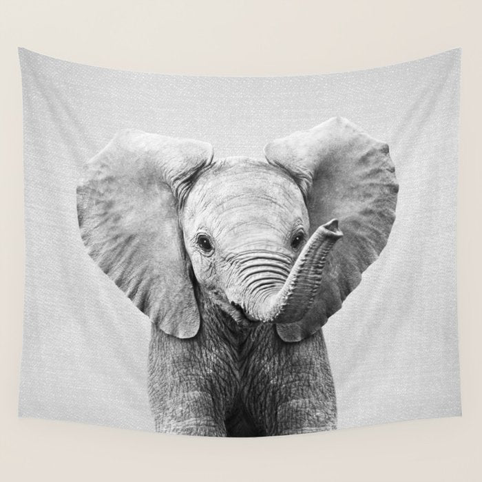 Baby Elephant - Black & White Wall Tapestry Gallery Image 4