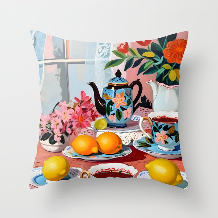 Earl Brown Tea Time, Tea Cups Supper High Tea, Slow Living Eclectic Whimsical Maximalist, Lemons Food Coffee Throw Pillow Gallery Image 1