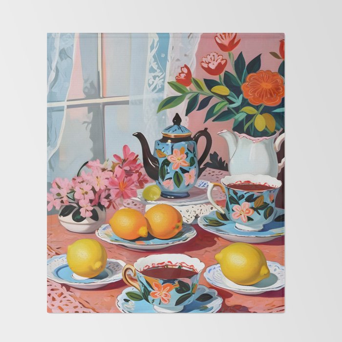 Earl Brown Tea Time, Tea Cups Supper High Tea, Slow Living Eclectic Whimsical Maximalist, Lemons Food Coffee Throw Blanket Gallery Image 2