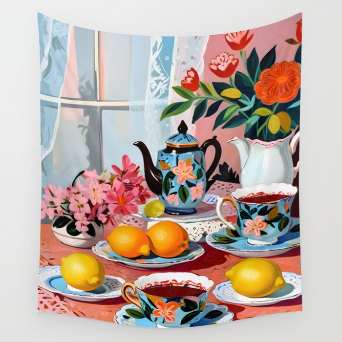 Earl Brown Tea Time, Tea Cups Supper High Tea, Slow Living Eclectic Whimsical Maximalist, Lemons Food Coffee Wall Tapestry Gallery Image 1