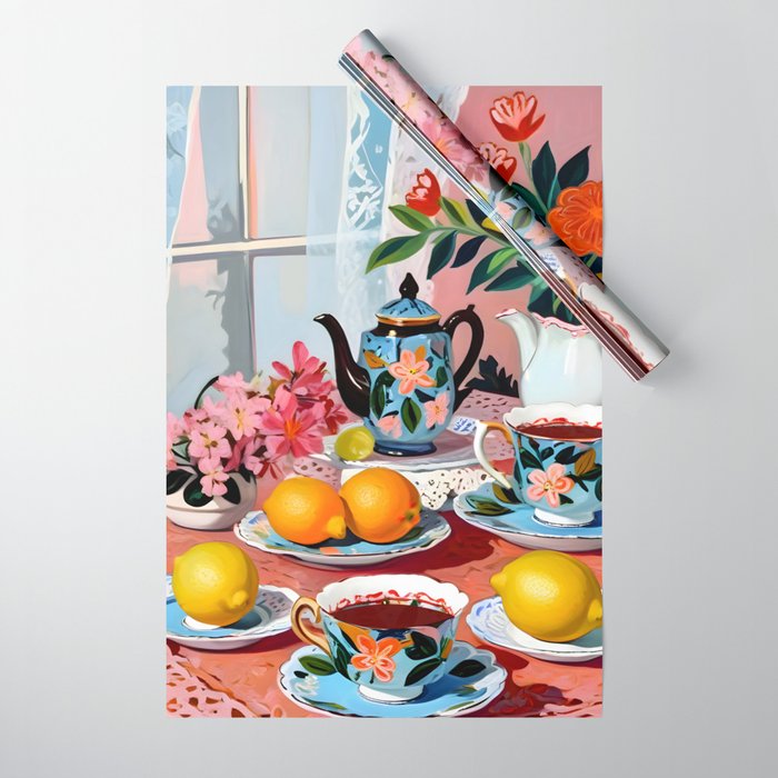 Earl Brown Tea Time, Tea Cups Supper High Tea, Slow Living Eclectic Whimsical Maximalist, Lemons Food Coffee Wrapping Paper Gallery Image 1
