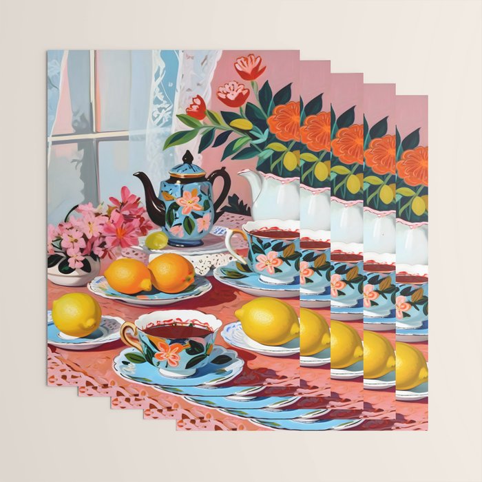 Earl Brown Tea Time, Tea Cups Supper High Tea, Slow Living Eclectic Whimsical Maximalist, Lemons Food Coffee Wrapping Paper Gallery Image 3