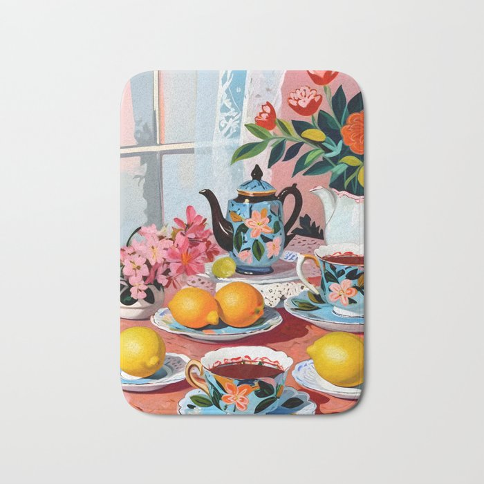 Earl Brown Tea Time, Tea Cups Supper High Tea, Slow Living Eclectic Whimsical Maximalist, Lemons Food Coffee Bath Mat Gallery Image 1