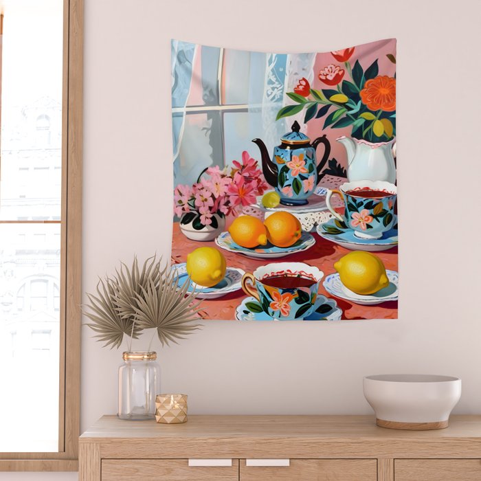 Earl Brown Tea Time, Tea Cups Supper High Tea, Slow Living Eclectic Whimsical Maximalist, Lemons Food Coffee Wall Tapestry Gallery Image 2