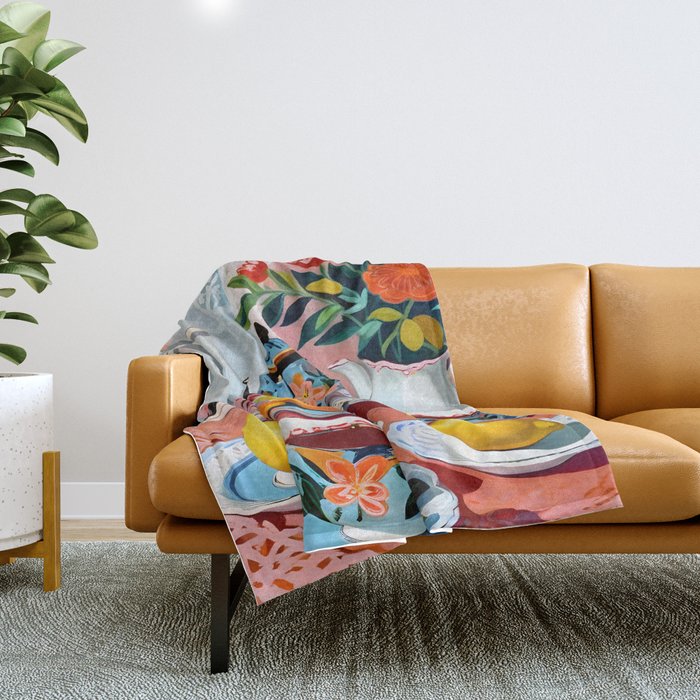 Earl Brown Tea Time, Tea Cups Supper High Tea, Slow Living Eclectic Whimsical Maximalist, Lemons Food Coffee Throw Blanket Gallery Image 1