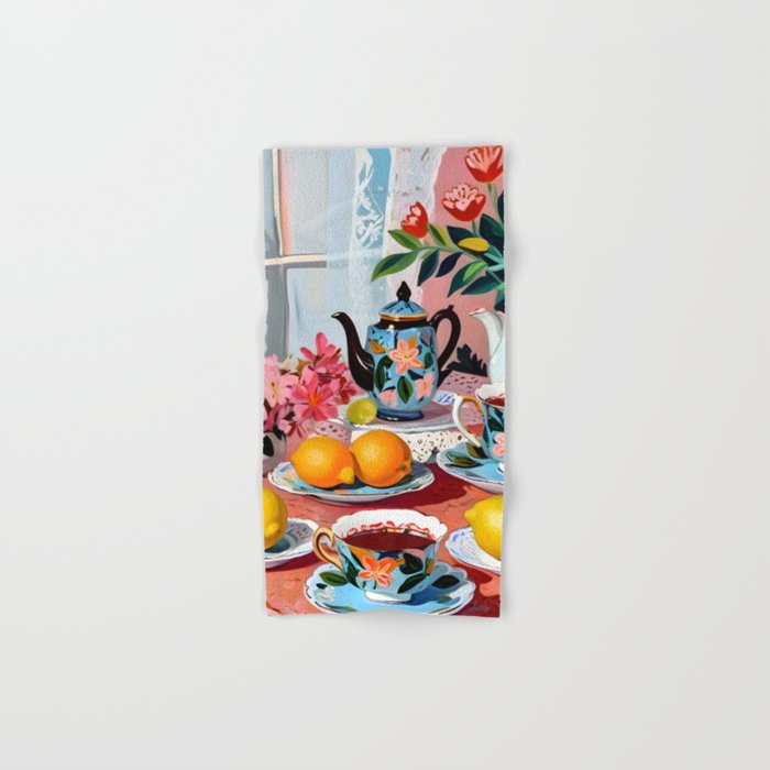 Earl Brown Tea Time, Tea Cups Supper High Tea, Slow Living Eclectic Whimsical Maximalist, Lemons Food Coffee Bath Towel Gallery Image 1