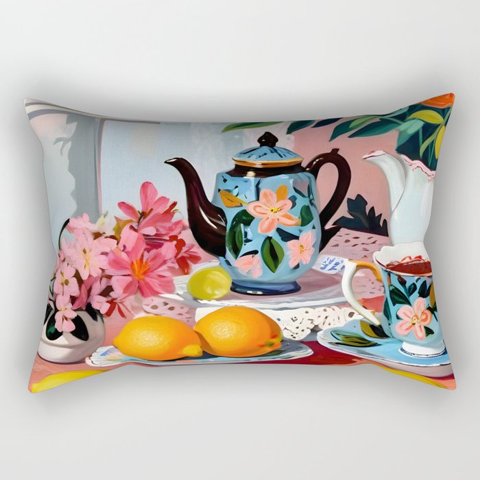 Earl Brown Tea Time, Tea Cups Supper High Tea, Slow Living Eclectic Whimsical Maximalist, Lemons Food Coffee Rectangular Pillow Gallery Image 1