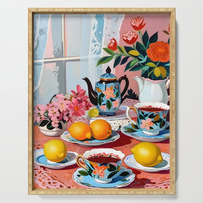 Earl Brown Tea Time, Tea Cups Supper High Tea, Slow Living Eclectic Whimsical Maximalist, Lemons Food Coffee Serving Tray Gallery Image 1