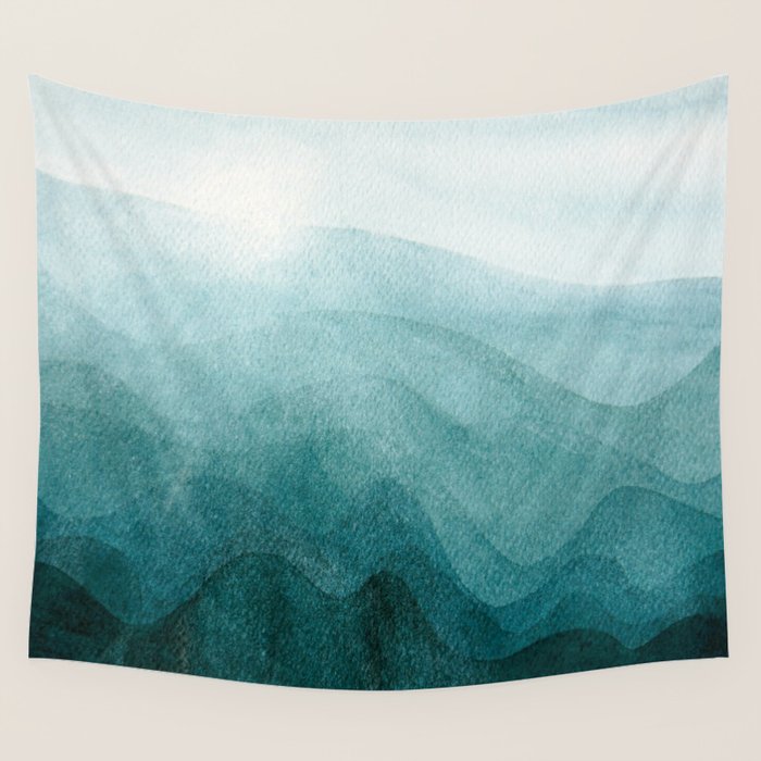 Sunrise in the mountains, dawn, teal, abstract watercolor Wall Tapestry Gallery Image 4