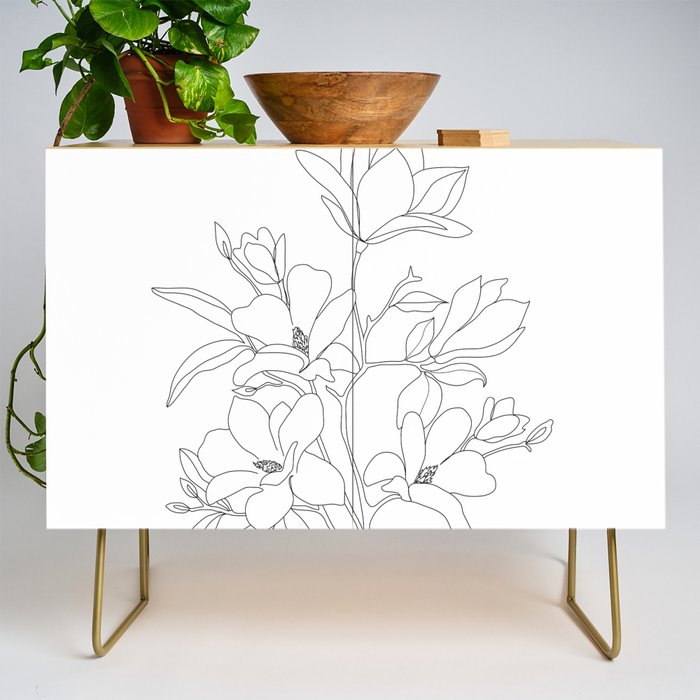Minimal Line Art Magnolia Flowers Credenza Gallery Image 1