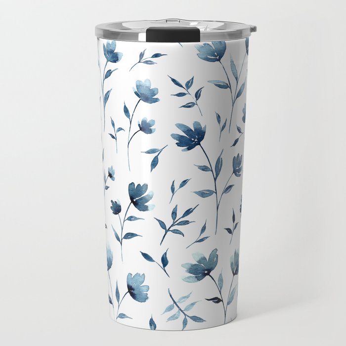Blue flowers | Watercolor Pattern Travel Mug Gallery Image 1