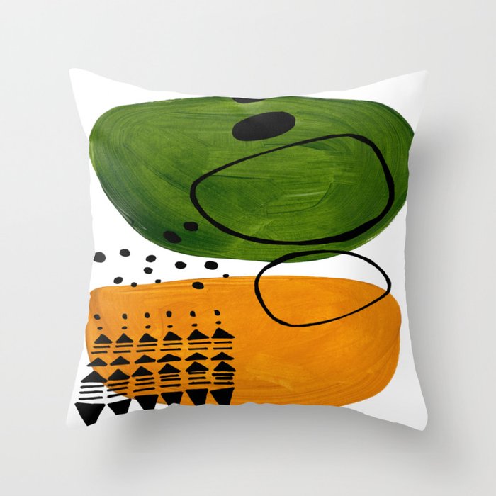 Modern Mid Century Fun Colorful Abstract Minimalist Painting Olive Green Yellow Ochre Buns Throw Pillow Gallery Image 1