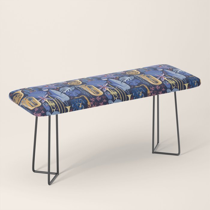 Music to my eyes // oxford navy blue background gold textured musical instruments blue indoor plants coral music notes Bench Gallery Image 1