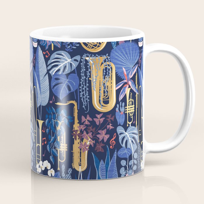 Music to my eyes // oxford navy blue background gold textured musical instruments blue indoor plants coral music notes Coffee Mug Gallery Image 1