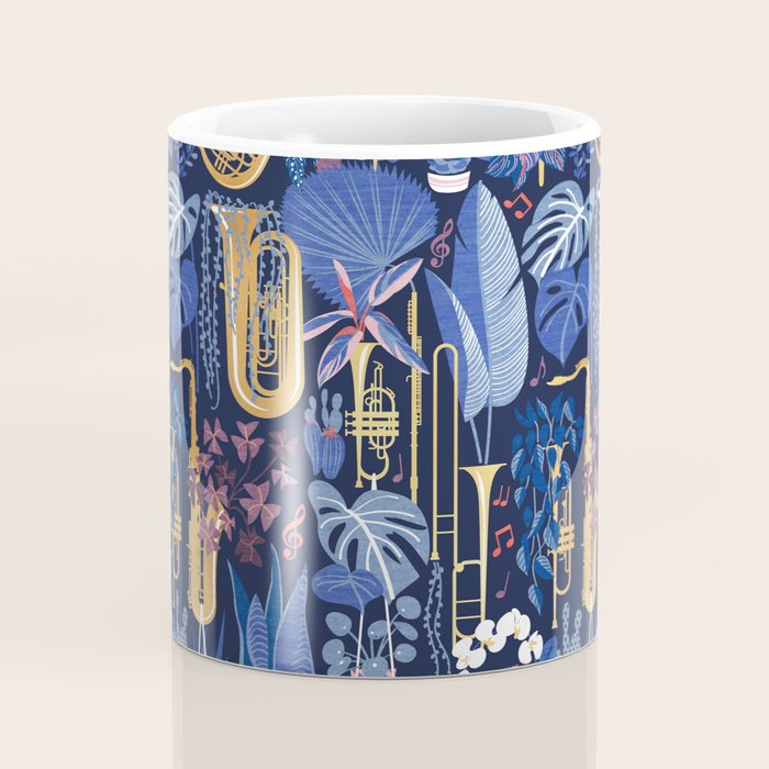 Music to my eyes // oxford navy blue background gold textured musical instruments blue indoor plants coral music notes Coffee Mug Gallery Image 4