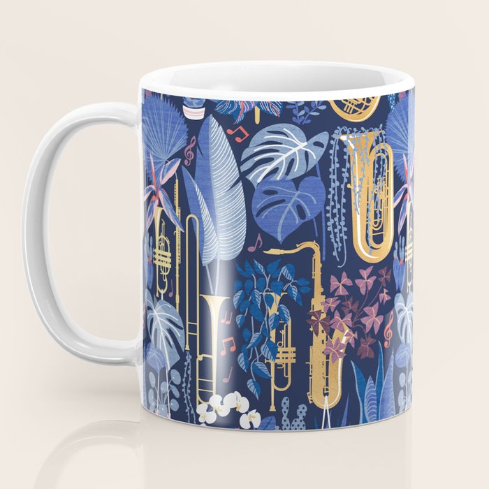 Music to my eyes // oxford navy blue background gold textured musical instruments blue indoor plants coral music notes Coffee Mug Gallery Image 3