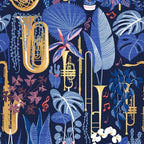 Music to my eyes // oxford navy blue background gold textured musical instruments blue indoor plants coral music notes Coffee Mug Gallery Image 2