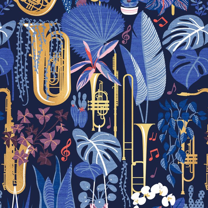 Music to my eyes // oxford navy blue background gold textured musical instruments blue indoor plants coral music notes Coffee Mug Gallery Image 2