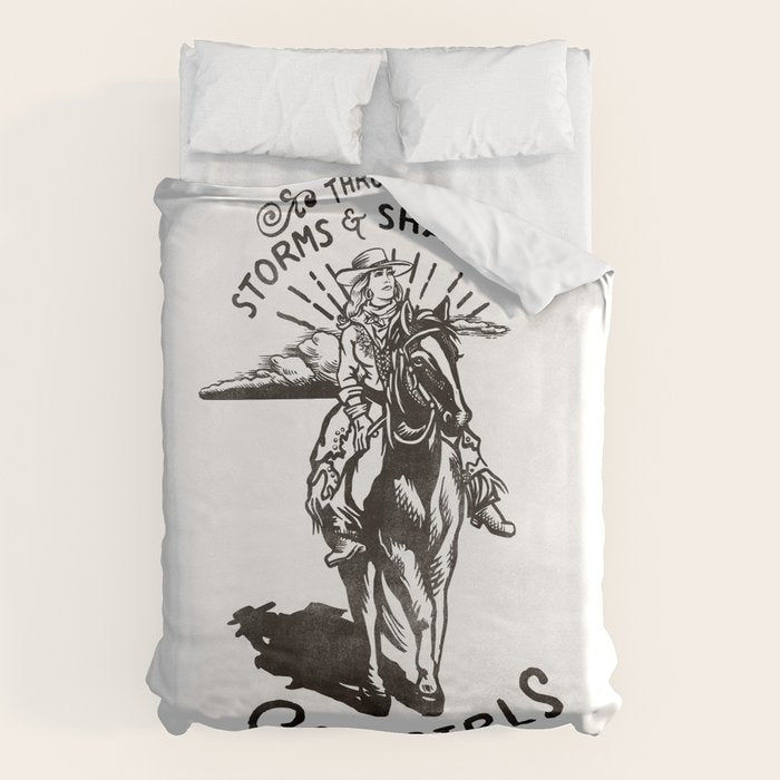 Through Storms & Shadows, Cowgirls Sine On. Retro Western Art Design. Duvet Cover Gallery Image 6
