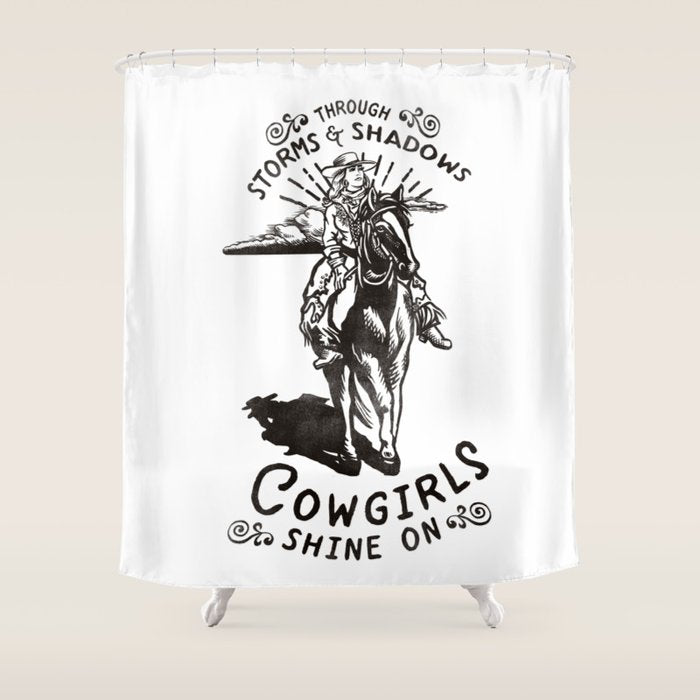 Through Storms & Shadows, Cowgirls Sine On. Retro Western Art Design. Shower Curtain Gallery Image 1