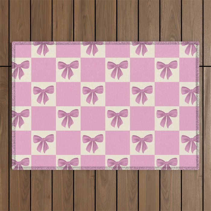 Elegant Pink Bow Checkerboard Pattern Outdoor Rug Gallery Image 1