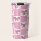 Elegant Pink Bow Checkerboard Pattern Travel Mug Gallery Image 1