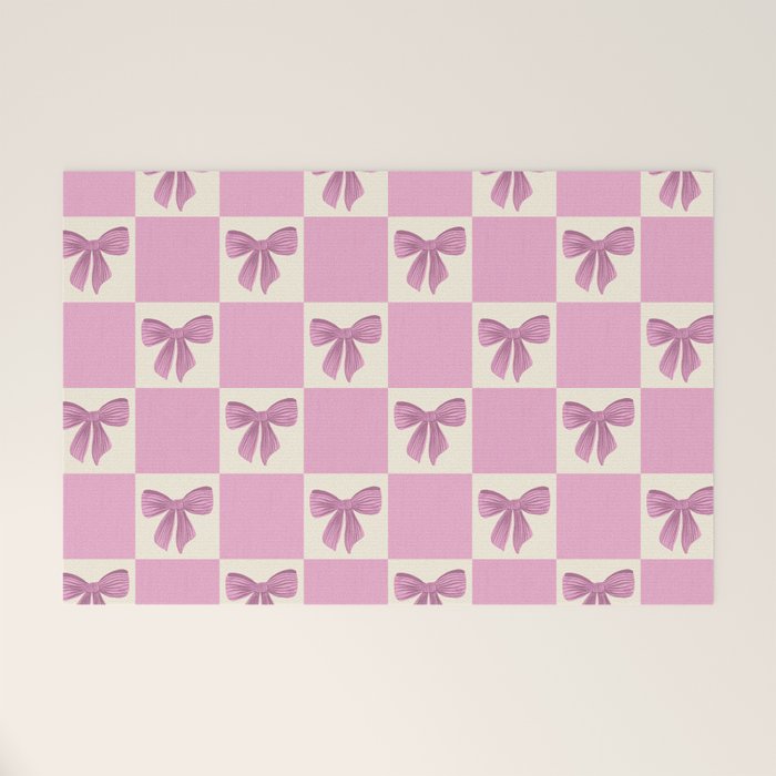 Elegant Pink Bow Checkerboard Pattern Welcome Mat Gallery Image 1