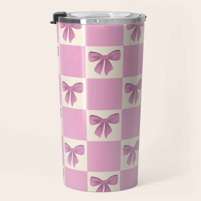 Elegant Pink Bow Checkerboard Pattern Travel Mug Gallery Image 3
