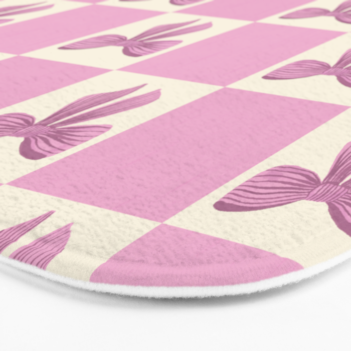 Elegant Pink Bow Checkerboard Pattern Bath Mat Gallery Image 3