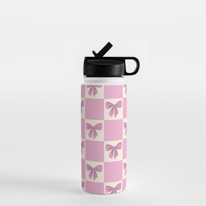 Elegant Pink Bow Checkerboard Pattern Water Bottle Gallery Image 1