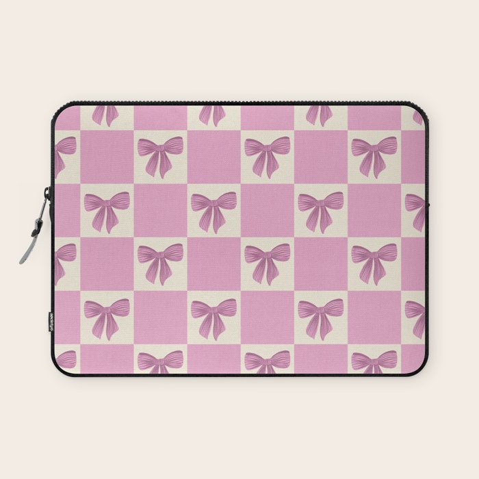 Elegant Pink Bow Checkerboard Pattern Laptop Sleeve Gallery Image 1