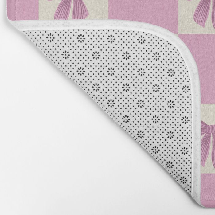 Elegant Pink Bow Checkerboard Pattern Bath Mat Gallery Image 2