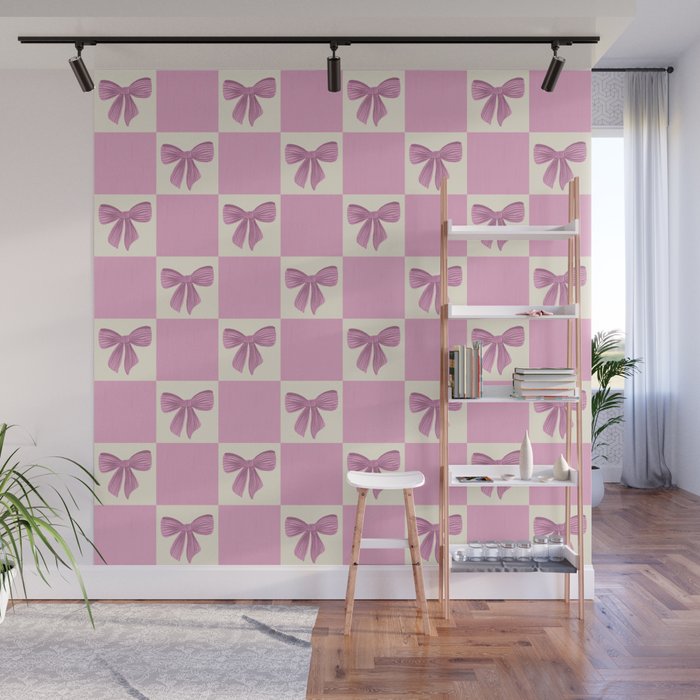 Elegant Pink Bow Checkerboard Pattern Wall Mural Gallery Image 1