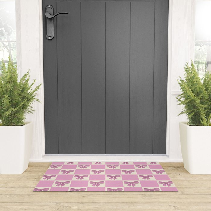Elegant Pink Bow Checkerboard Pattern Welcome Mat Gallery Image 3