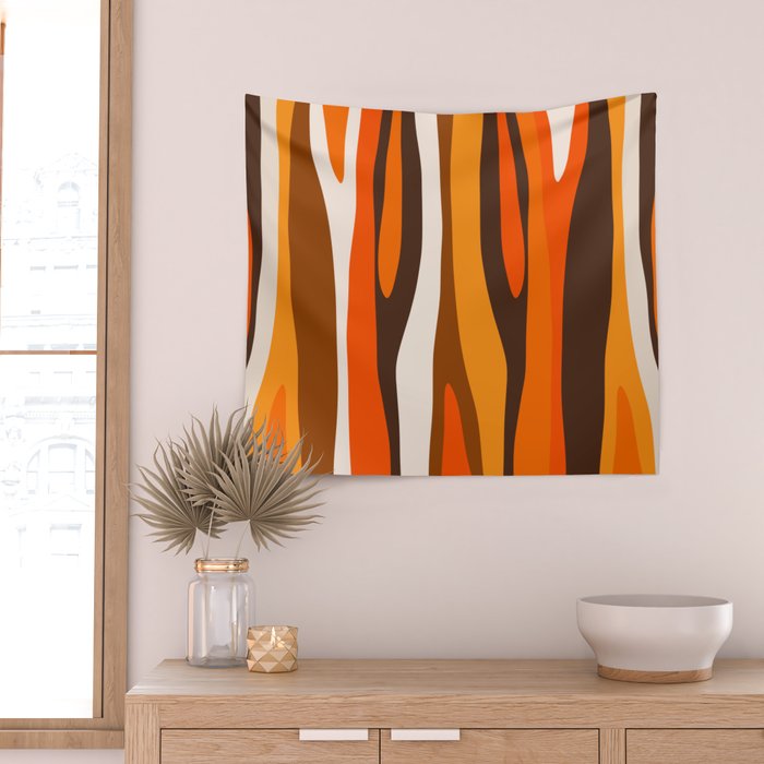Wild Stripes Abstract Pattern in 70s Brown and Orange Wall Tapestry Gallery Image 2