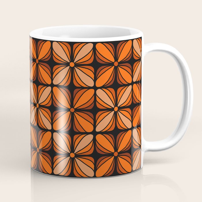 Retro 70s square mod flowers orange brown Coffee Mug Gallery Image 1