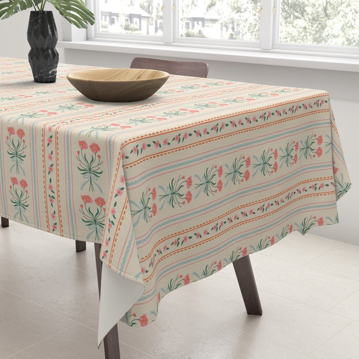 Vintage rose flower bouquet stripe art pattern Tablecloth Gallery Image 3
