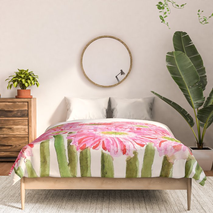 Pink Gerbera Daisy watercolor Comforter Gallery Image 3