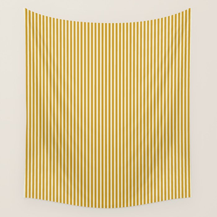 Fine Stripes Narrow Vertical Stripe Pattern in Ochre Mustard Cream Wall Tapestry Gallery Image 1