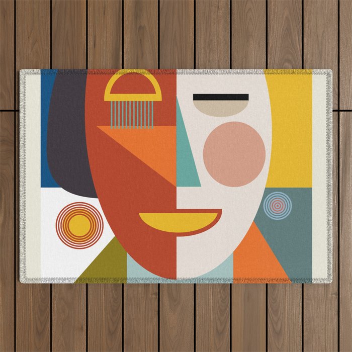 mid century geometric face Outdoor Rug Gallery Image 1