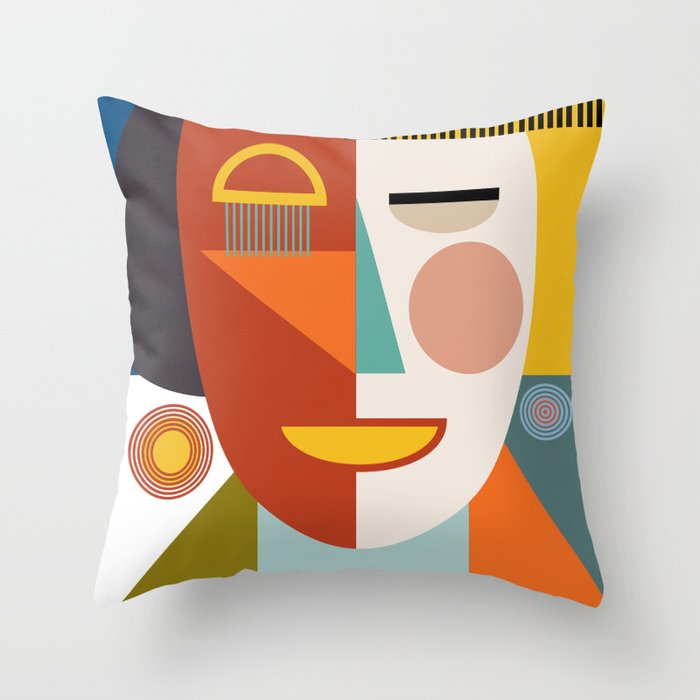 mid century geometric face Throw Pillow Gallery Image 1