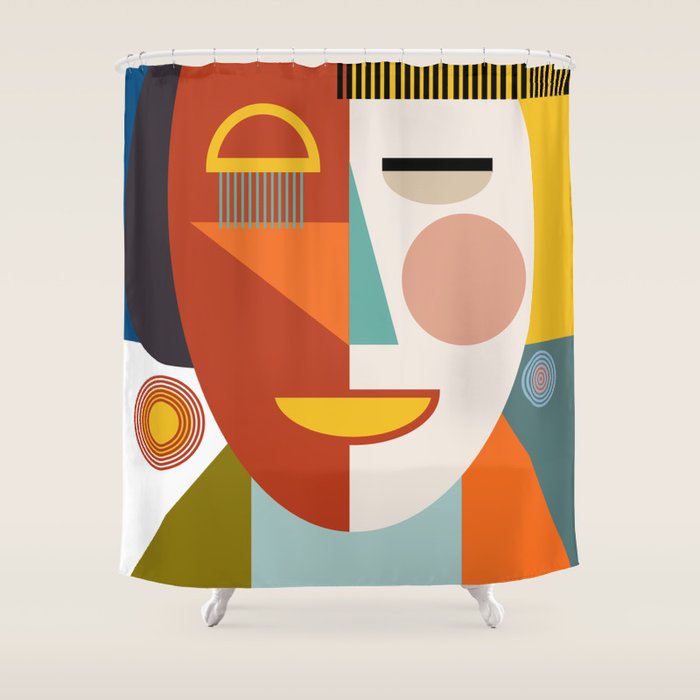mid century geometric face Shower Curtain Gallery Image 1